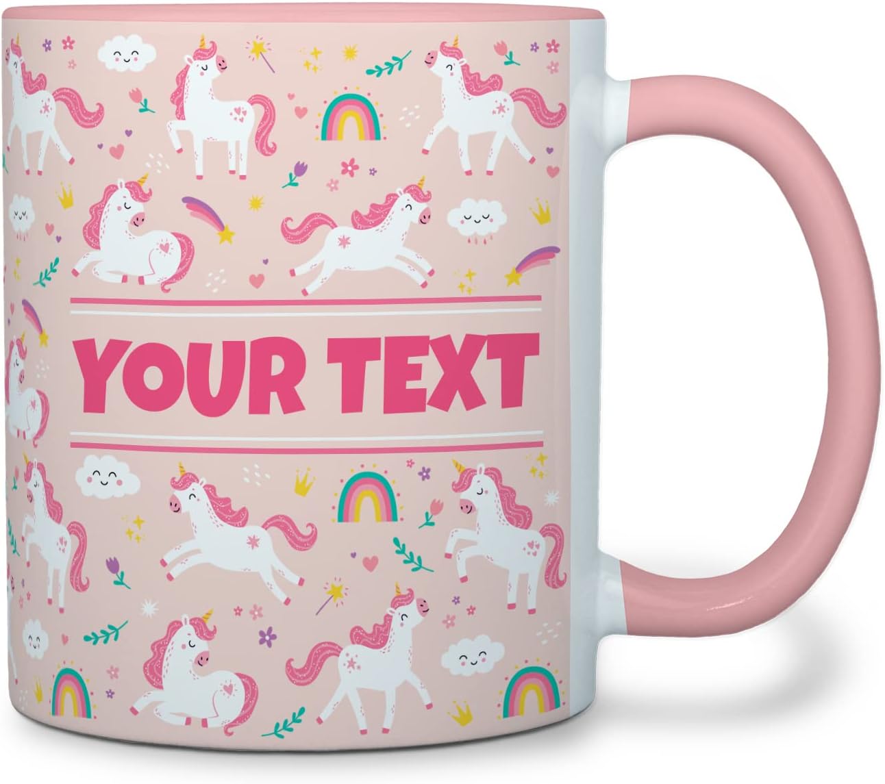 Personalized Mug for Kids - Pink Unicorn - Custom Name/Text, Ceramic Hot Chocolate/Cocoa/Coffee Cup for Girls, Birthday/Christmas/Holiday Gift - 11 oz, Pink Handle