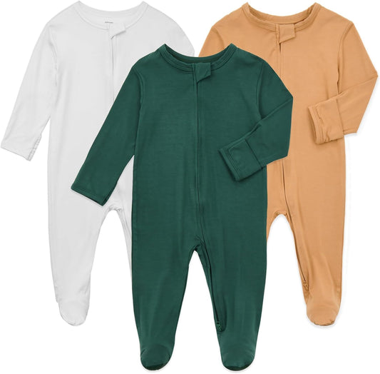 Aablexema Baby Zipper Pajamas Bamboo Rayon, 3pcs Unisex Infant Onesie with Mitten Long Sleeve Footed Pjs