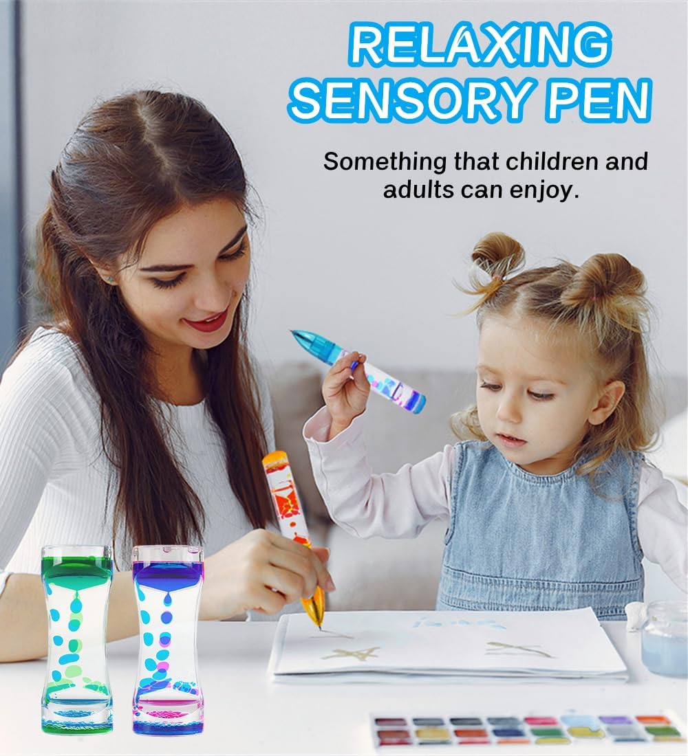 Liquid Motion Bubbler Pen Calm Relief Sensory Toy Liquid Motion Timer Colorful Stress and Anxiety Autism Fidget Toy Pen Gifts for Children and Adults Back-to-School Supplies-6 Pack