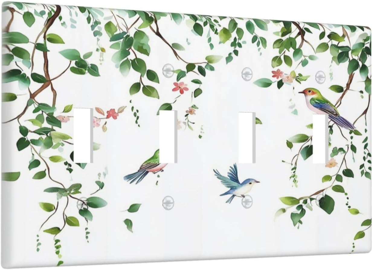 Light Switch Covers Green Leaves Bird Eucalyptus Sage Plant Quad Toggle Electrical Faceplate 4 Gang Wall Plate Decorative Switch Plates For Bed Room Living Room Decor