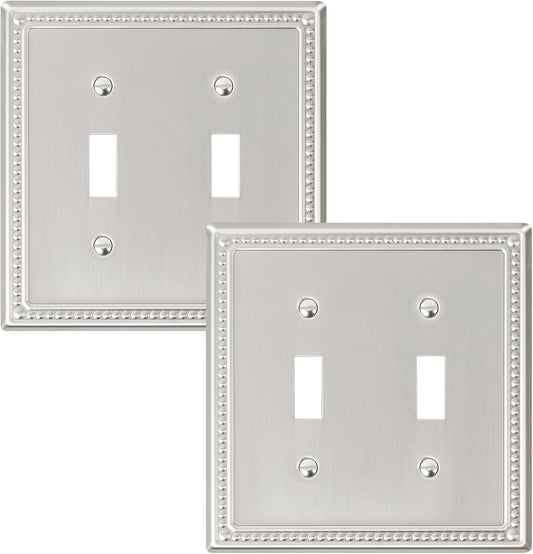 2-Pack Double Toggle Light Switch Cover Plate, Pearls Decorative Dual Switch Plate Covers, Brushed Nickel 2 Gang Metal Wall Plate, Corrosion Resistant