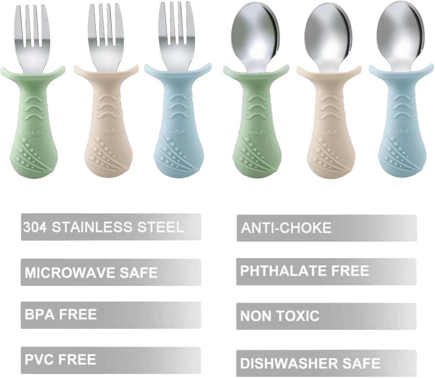 PandaEar Baby Toddler Fork and Spoon Utensil Set, 6 Pack Silicone Stainless Steel Silverware Spoon Fork for Babies Toddler, BPA Free with Silicone Holding Anti-Choke Design (Green Blue Brown)