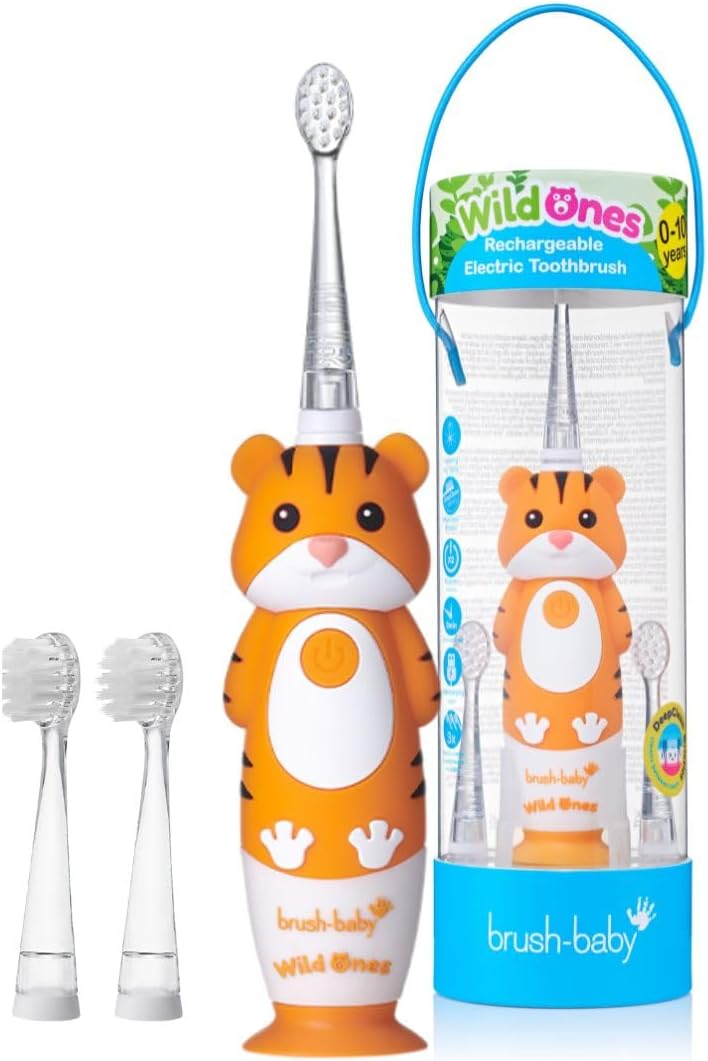 brush-baby WildOnes™ Rechargeable Kids Electric Toothbrush – Toby Tiger | Flashing Lights, 2-Min Timer, Waterproof, 3 Brush Heads | Toddler & Child Toothbrush Ages 0-10 | Soft Bristles