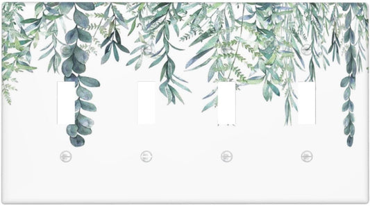 Eucalyptus Leaves Greenery Vine Flowers Simplicity Light Switch Covers Quad Toggle Electrical Faceplate 4 Gang Wall Plate Decorative Switch Plates for Bed Room Living Room Decor
