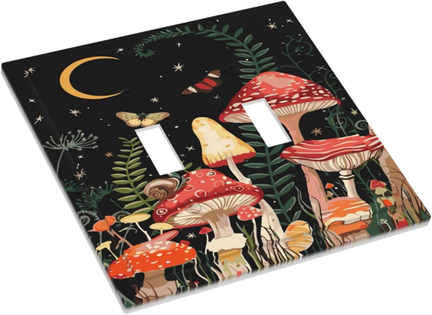 Moon Star Red Mushroom Forest Butterfly Green Plant Decorative Switch Plates 2 Gang Double Toggle Outlet Light Switch Cover Wall Plate Electrical Faceplate for Kids Room Home Decor
