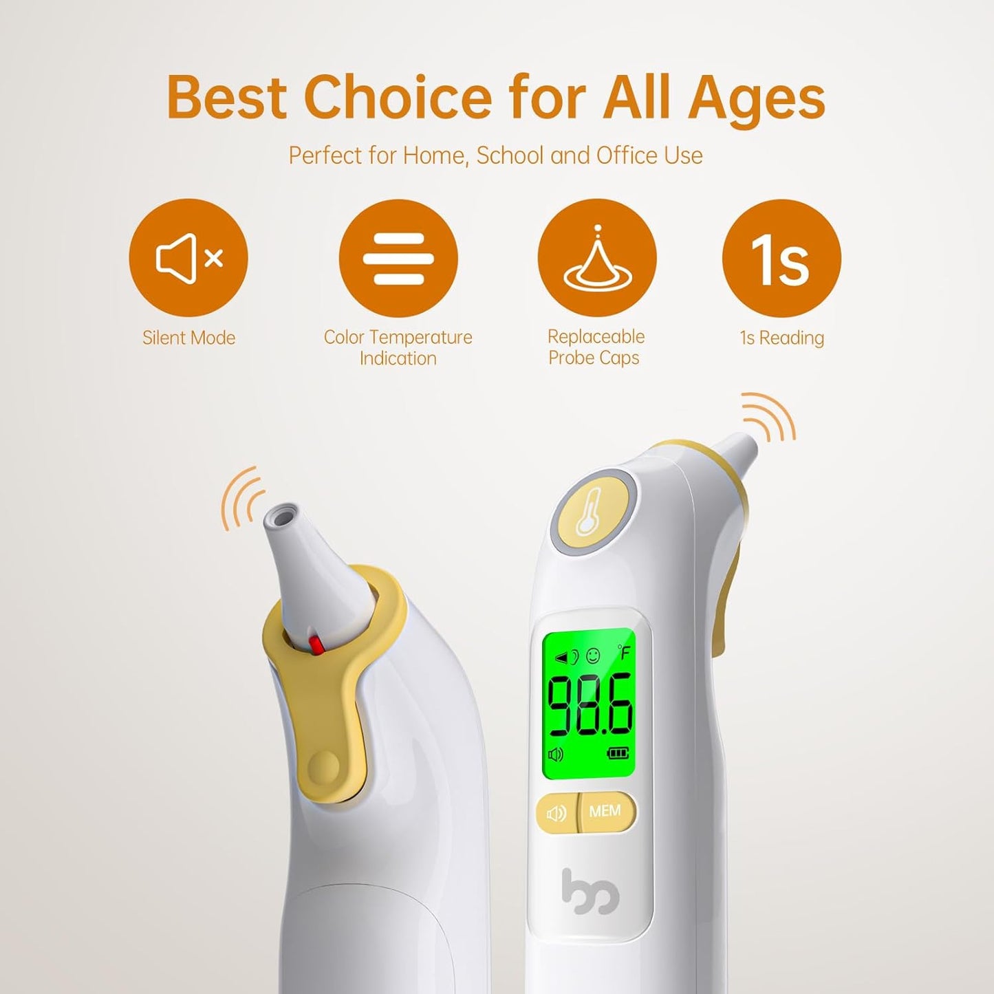 Ear Thermometer, Highly Accurate Ear Thermometer for Kids, Adults and Babies, 30 Memory Recall, 1s Result and 3-Color Fever Alert, with 24 Disposable Probe Covers, Yellow