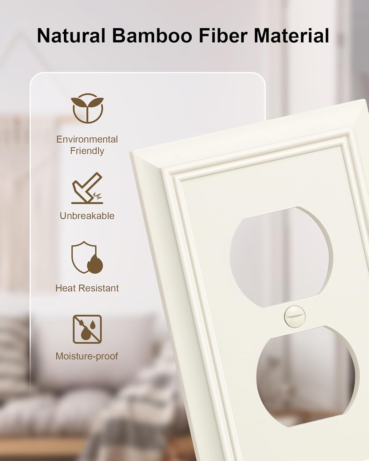 4-Pack Duplex Outlet Cover Plate, Decorative Light Almond Switch Plates and Outlet Covers, Natural Bamboo Fiber Wall Plates for Electrical Outlets, 1 Gang Receptacle Cover, Corrosion Resistant