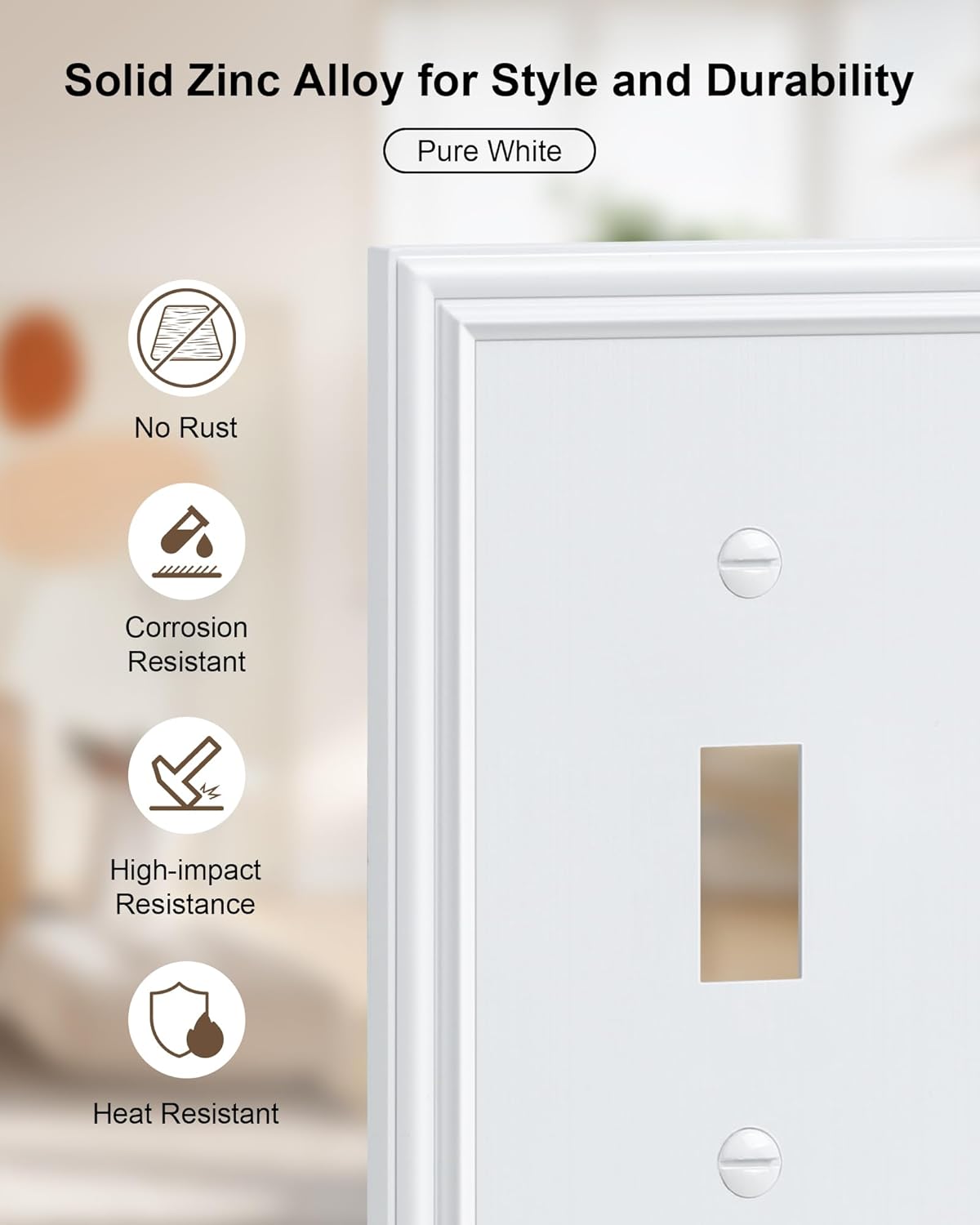 4-Pack Single Toggle Light Switch Cover Plate, Durable Solid Zinc Alloy Decorative Switch Plate Covers, Pure White 1 Gang Wall Plate, Corrosion Resistant