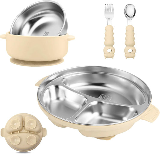 Stainless Steel Baby Plate and Bowl with Suction, Baby Bowl and Divided Kids Toddler Plate with Removable Silicone Shell, Non-Slip Toddler Baby Feeding Set, Forks + Spoons Included-Cream