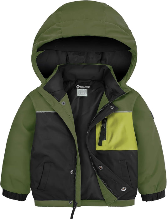 GEMYSE Toddler Boys Winter Coat Waterproof Ski Snow Jacket with Hood Thicken Warm Baby Jacket Outerwear