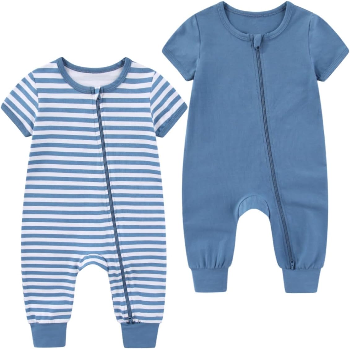 2 Pack Unisex Baby Short Sleeve Rompers 2 Way Zipper New Born One-Piece Jumpsuits 0-24Months Infant Outfits