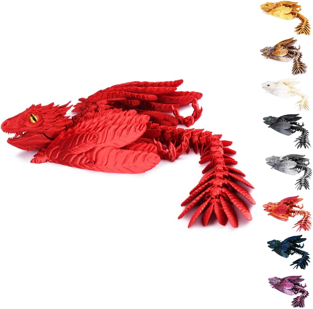 3D Printed Dragon with Wings 3D Printed Animals Articulated Dragon Fidget Dragon 3D Printed Toys Dragon Toy Desk Pets Home Office Decor (Red)