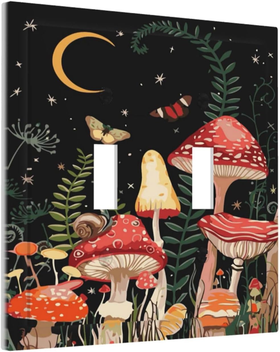 Moon Star Red Mushroom Forest Butterfly Green Plant Decorative Switch Plates 2 Gang Double Toggle Outlet Light Switch Cover Wall Plate Electrical Faceplate for Kids Room Home Decor