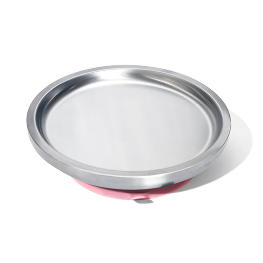 Avanchy Open Baby Plates with Suction – Stainless Steel Divided Plates for Toddlers, BPA-Free, Dishwasher Safe, Unbreakable, Non-Toxic, 100% Silicone Suction – Pink
