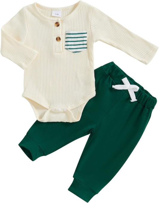 fhutpw Baby Boy Clothes 3 6 12 18 Months Ribbed Knitted Long Sleeve Romper and Pants Sets Newborn Fall Splicing Color Outfits