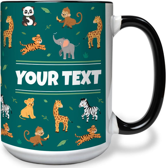 Personalized Mug for Kids - Zoo Animals - Custom Name/Text, Ceramic Hot Chocolate/Cocoa/Coffee Cup for Boys/Girls, Birthday/Christmas/Holiday Gift - 15 oz, Black Handle