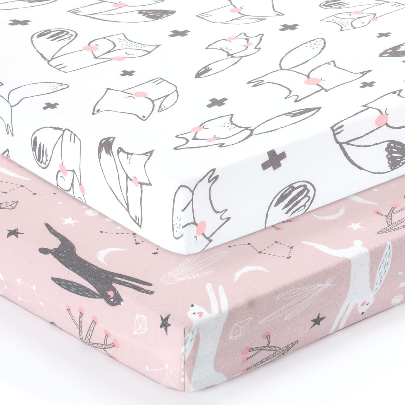 GRSSDER Stretchy Ultra Soft Jersey Knit Pack n Play Sheets Set 2 Pack, Portable/Mini Cribs Playard Sheets, Cute Foxes and Rabbits for Baby Girls and Boys