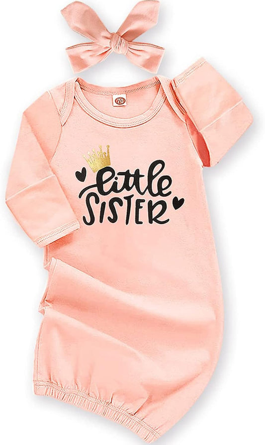 AMAWMW Newborn Baby Girl Little Sister Sleeper Gown Stripe Long Sleeve Nightgown Pajamas Gifts Stuff Essential Outfit