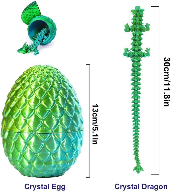 Easter Basket Stuffers, 3D Printed Dragon in Egg, Dragon Eggs with Dragon Inside, 12'' Full Articulated Dragon Crystal Dragon, Fidget Desk Toys Easter Eggs Fillers Easter Gifts for Kids (Laser Green)