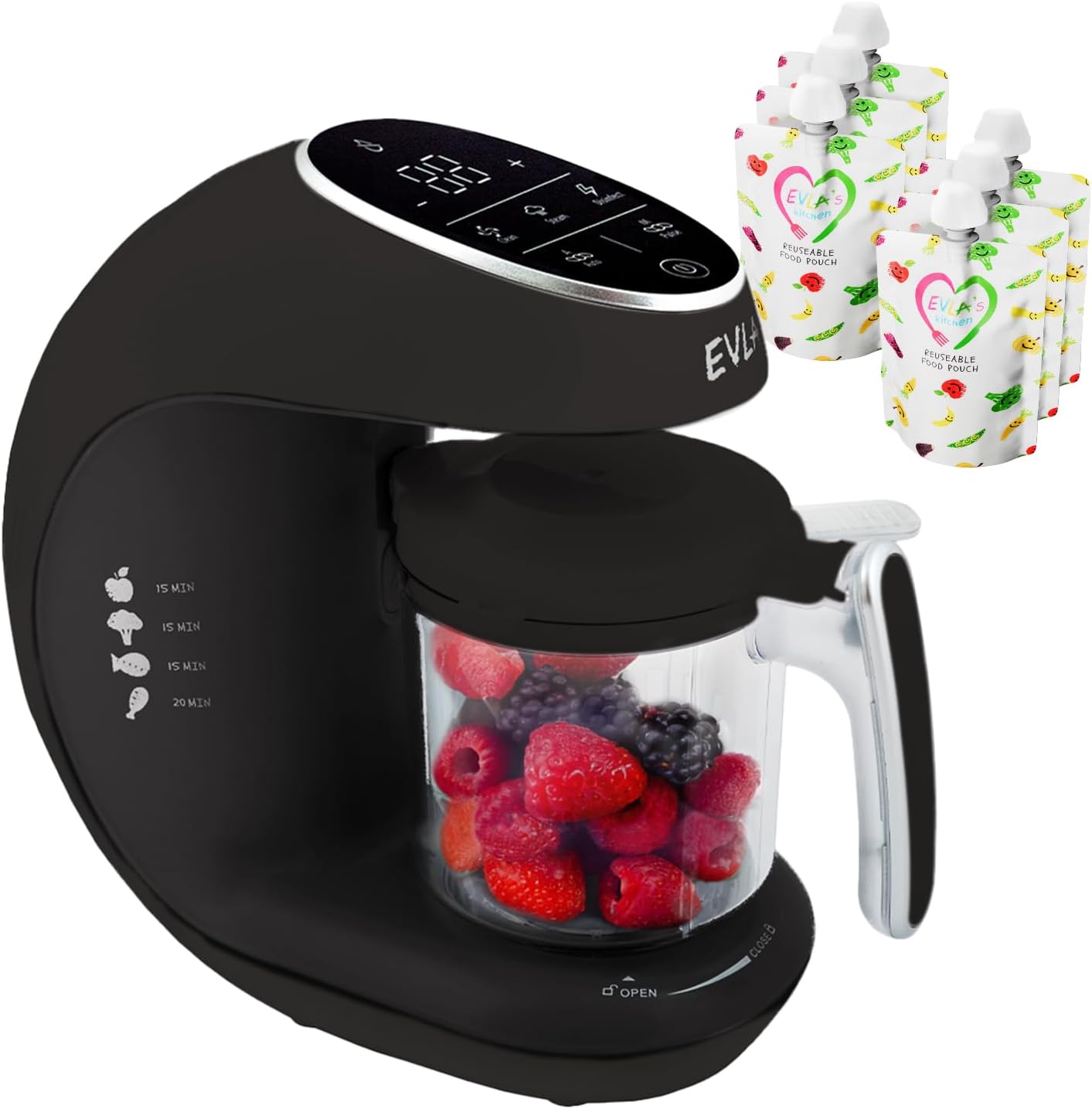 EVLA'S Baby Food Maker, Steamer, Blender, Baby Food Processor for Healthy Homemade Baby Food in Minutes, Touch Screen with 6 Reusable Food Pouches, Baby Registry Essential, Dark Grey