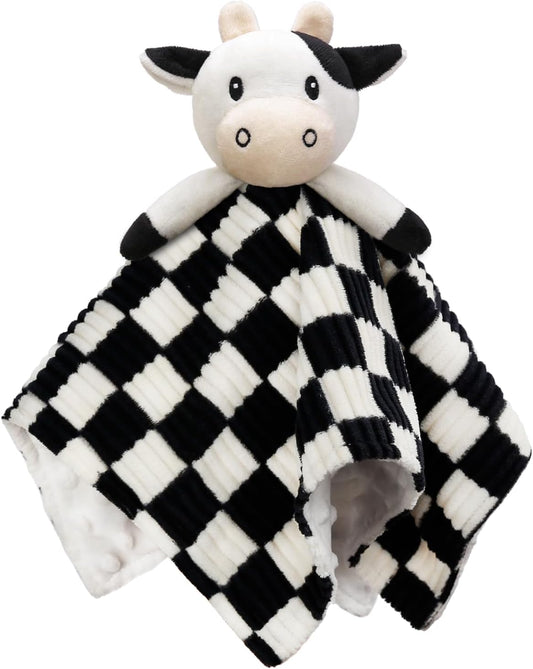 Cow High Contrast Baby Security Blanket for Babies, Soft 3D Checkerboard Lovey with Minky Dot Fabric Backing, Newborn Boys and Girls Snuggle Stuffed Animal Blankie 14 Inch