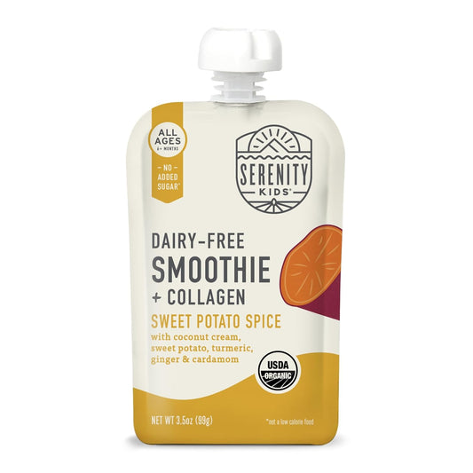 Serenity Kids 6+ Months Dairy-Free Smoothie Baby Food Pouches - USDA Organic, Grass Fed Collagen Protein - 3.5 Oz BPA-Free - Sweet Potato Spice - 6 Count - Smoothie Pouches