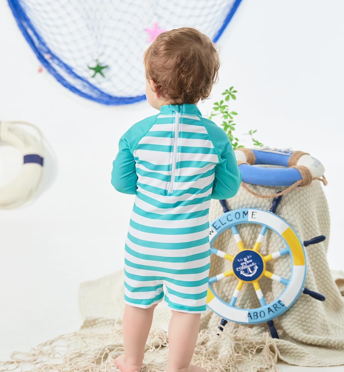 uideazone Baby Boys One Piece Swimsuit Long Sleeve UPF 50+ Rash Guard Bathing Suit Swimwear with Sun Hat 0-24 Months