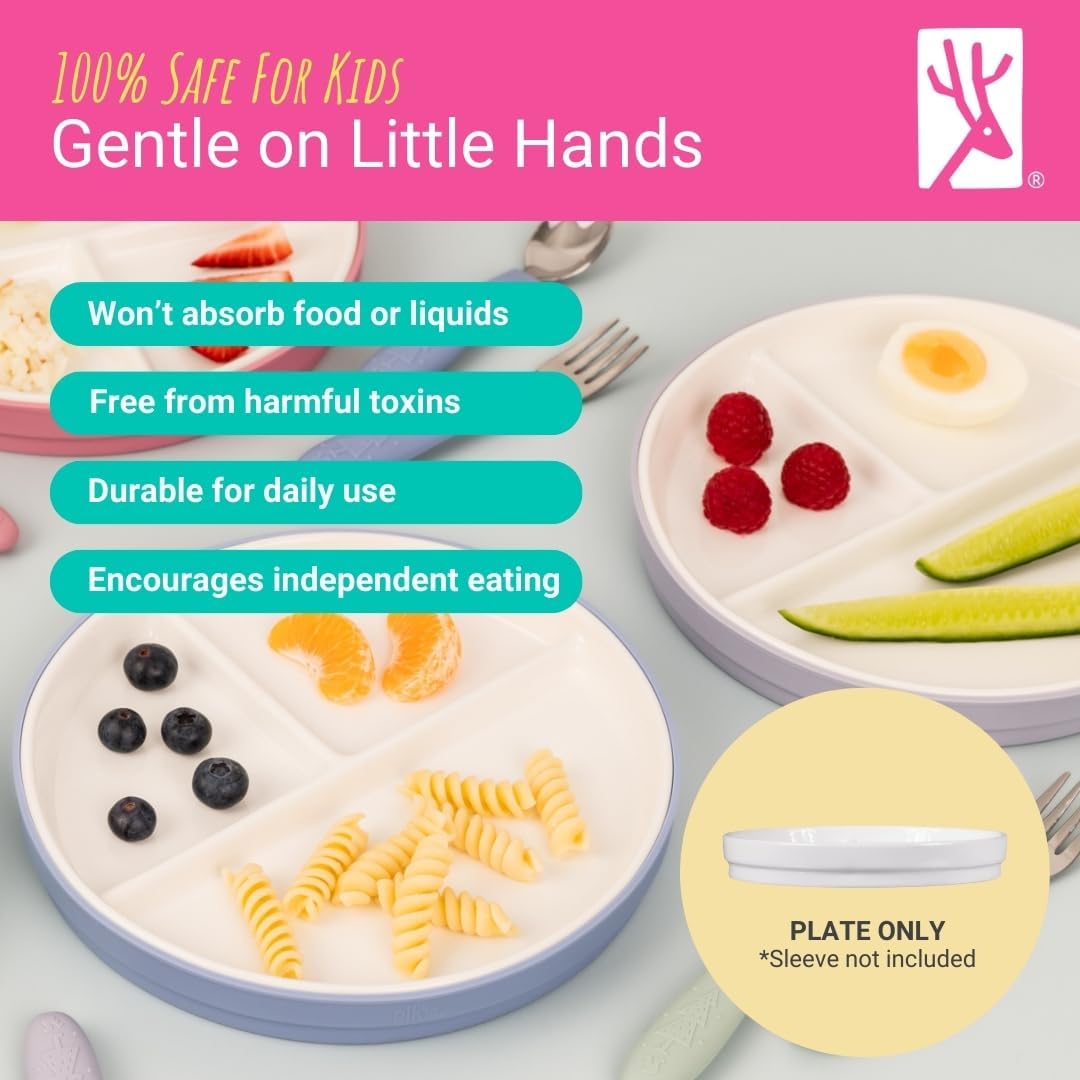 Elk and Friends Kids 7.8” Porcelain White Plates | Divided Plates | Suitable for Kids/Toddlers | Microwave & Dishwasher Safe | Non Slip | Snack Dishes | 2 Pack