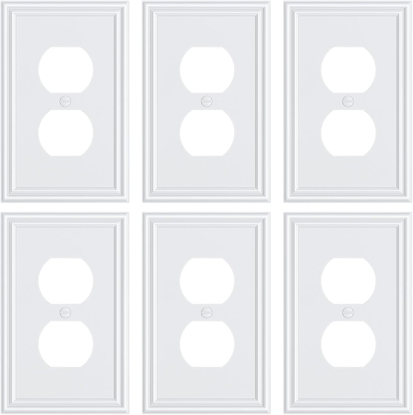 6-Pack Single Duplex Outlet Cover Plate, Decorative White Switch Plates and Outlet Covers, Metal Wall Plates for Electrical Outlets, 1 Gang Receptacle Cover, Corrosion Resistant