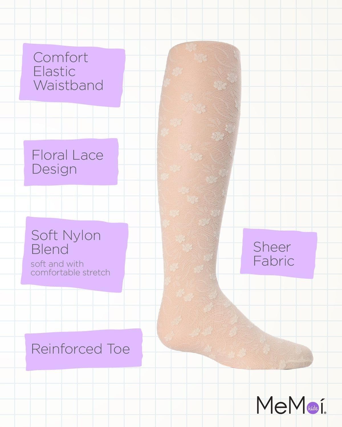 MeMoi Sweet Blossoms Sheer Tights for Girls, Ultra Soft and Lightweight Floral Lace Girls Tights - Sizes 2-14