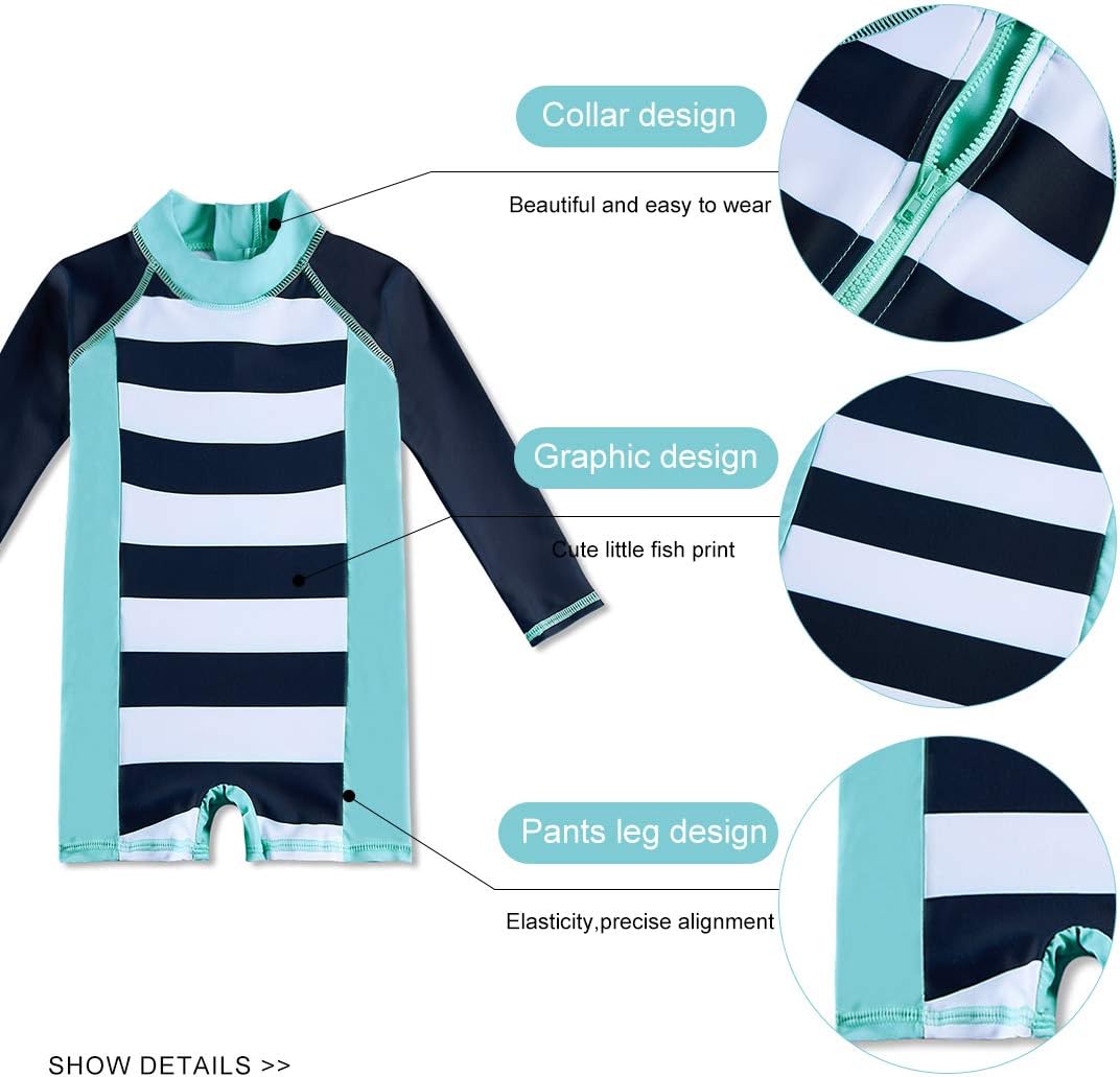 uideazone Baby Boys One Piece Swimsuit Long Sleeve UPF 50+ Rash Guard Bathing Suit Swimwear with Sun Hat 0-24 Months