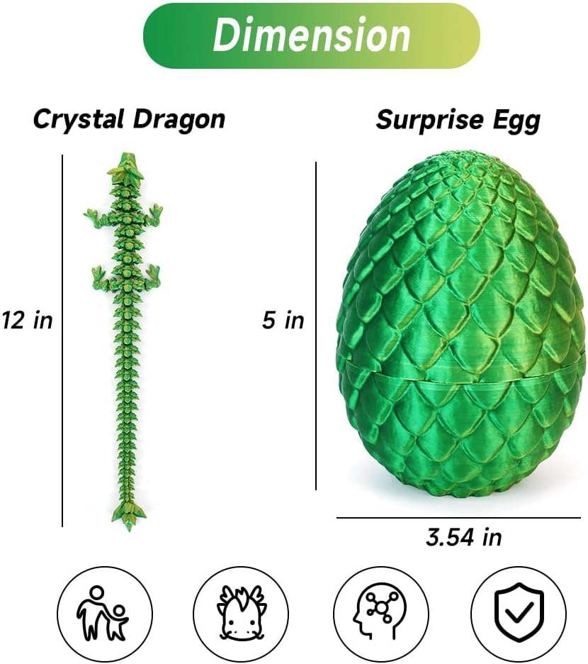 3D Printed Dragon Egg, Mystery Crystal Dragon Egg Fidget Toys Surprise, Articulated Crystal Dragon Eggs with Dragon Inside (Laser Yellow Green)