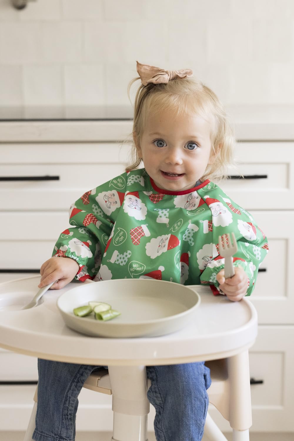 Tiny Twinkle Mess Proof Baby Bib,Waterproof Smock Baby Bib for Eating,Machine Washable Long Sleeve Bib,Baby Led Weaning,Toddler Bib (Santa, Small 6-24 Months)