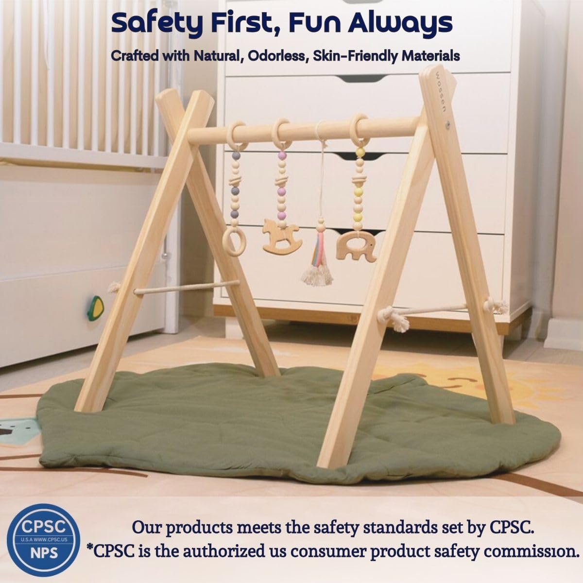 Wossen® Wooden Baby Play Gym Set and PlayTent Cover, Naturel Baby Gym, Reliable Toys, Ergonomic and Multipurpose Use, Mat and Play Tent Cover, Newborn Gift for Baby Girl and Boy