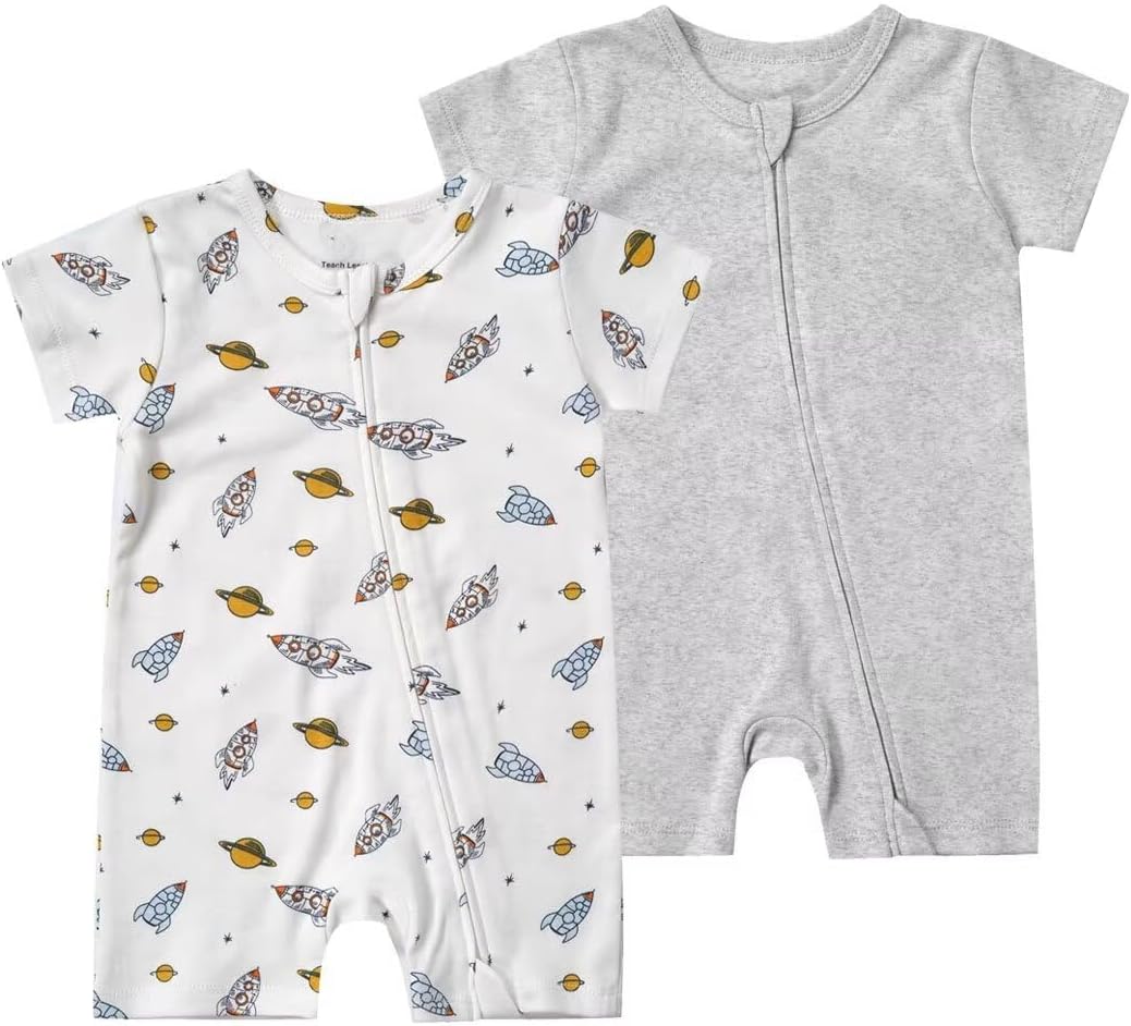 Teach Leanbh Unisex Baby 2 Pack Pajamas Cotton Short Sleeve 2 Way Zipper Printing Soild Romper Jumpsuit Sleep and Play