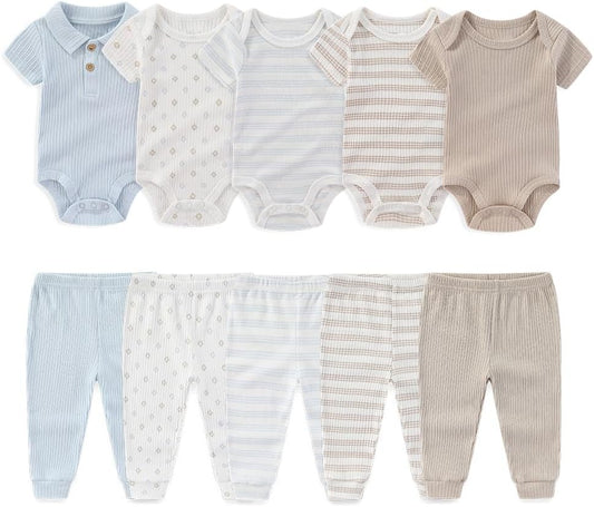 Kiddiezoom Newborn Baby Layette Set 10-Piece with Bodysuits and Pants Set for Unisex Baby Gift Sets