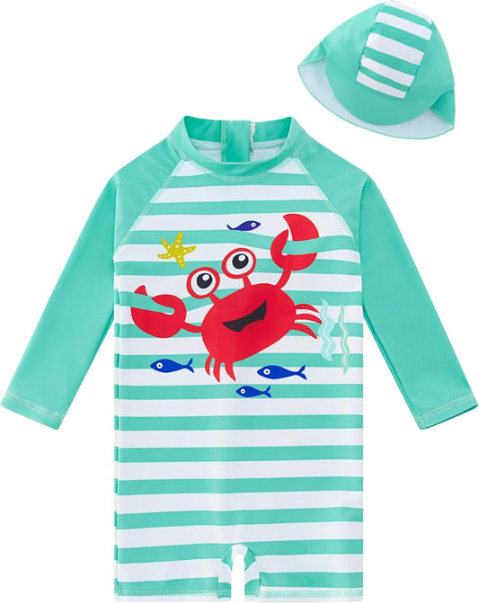 uideazone Baby Boys One Piece Swimsuit Long Sleeve UPF 50+ Rash Guard Bathing Suit Swimwear with Sun Hat 0-24 Months