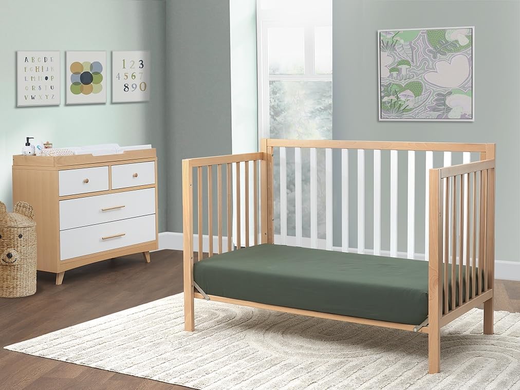 Sorelle Essex Euro 4-in-1 Convertible Crib & Changer – Nursery Furniture Set, Wooden Baby Crib with Non-Toxic Finish, Integrated, Toddler, Daybed, and Full-Size Bed Conversion Kit – White Natural
