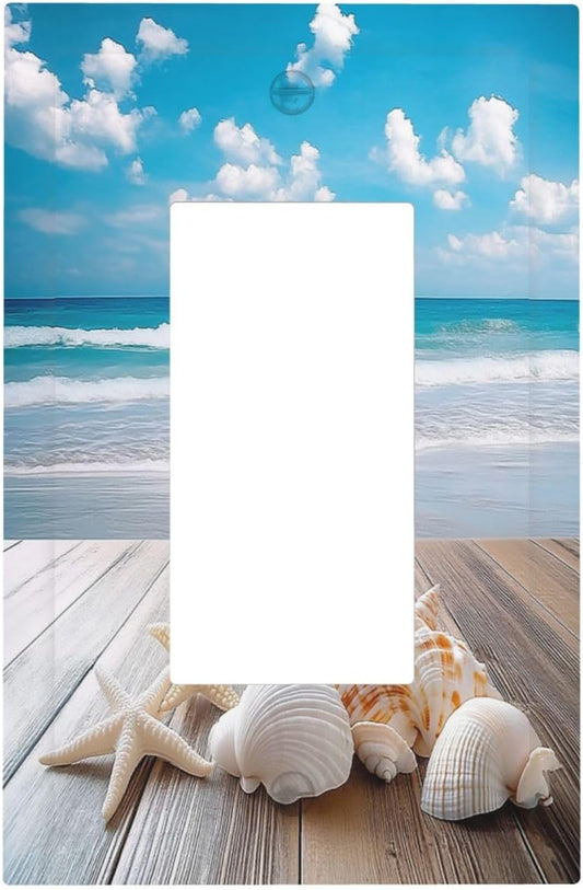 Decorative Outlet Covers Beach Waves Brown Wood Starfish Shells 1 Gang Single Rocker Light Switch Cover Plate Wall Plates Gfci Faceplate For Bathroom Living Room Decor