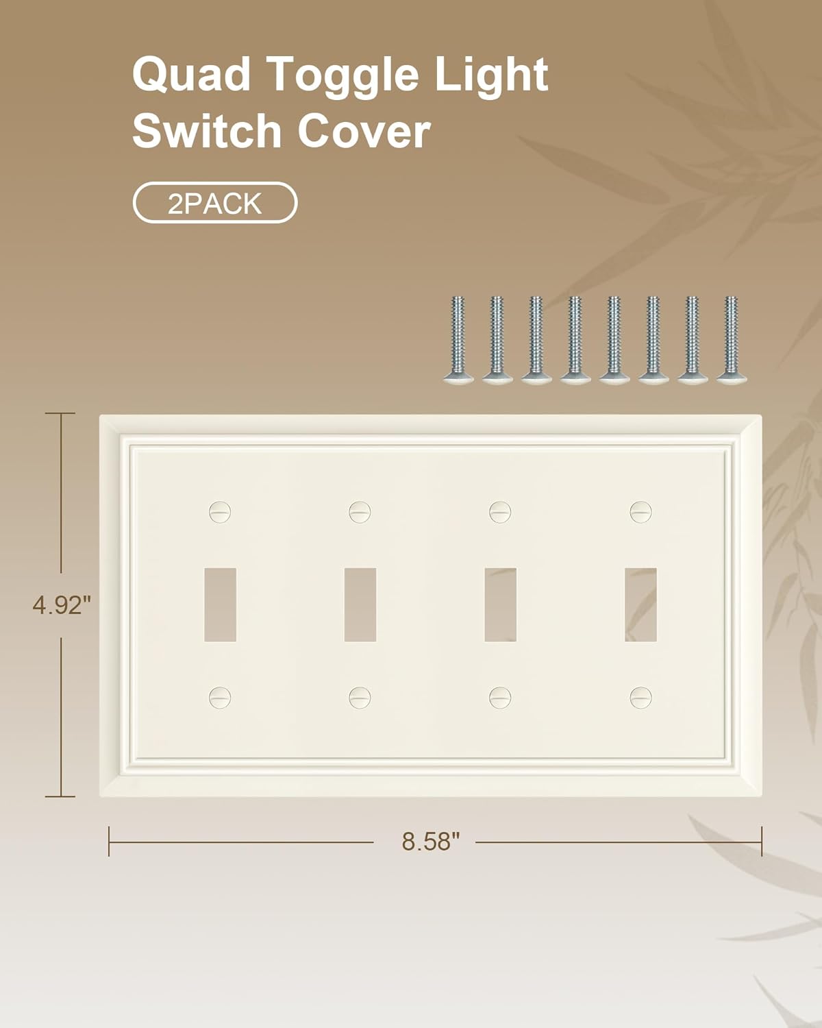 2-Pack Quad Toggle Light Switch Cover Plate, Almond Decorative Switch Plate Covers, Natural Bamboo Fiber 4 Gang Wall Plate for Toggle Light Switch and Rotary Dimmer Switch