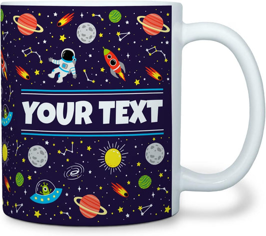 Personalized Mug for Kids - Outer Space - Custom Name/Text, Ceramic Hot Chocolate/Cocoa/Coffee Cup for Boys/Girls, Birthday/Christmas/Holiday Gift - 11 oz, White Handle