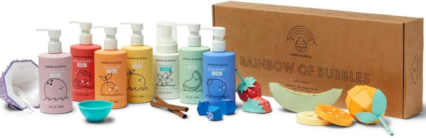 Dabble & Dollop Rainbow of Bubbles – Natural 4-in-1 Bath Set for Kids, Includes Bubble Bath, Body Wash, Shampoo, USA Made, No Parabens/Sulfates, Vegan, Gluten-Free, Tear-Free (7-Pack)