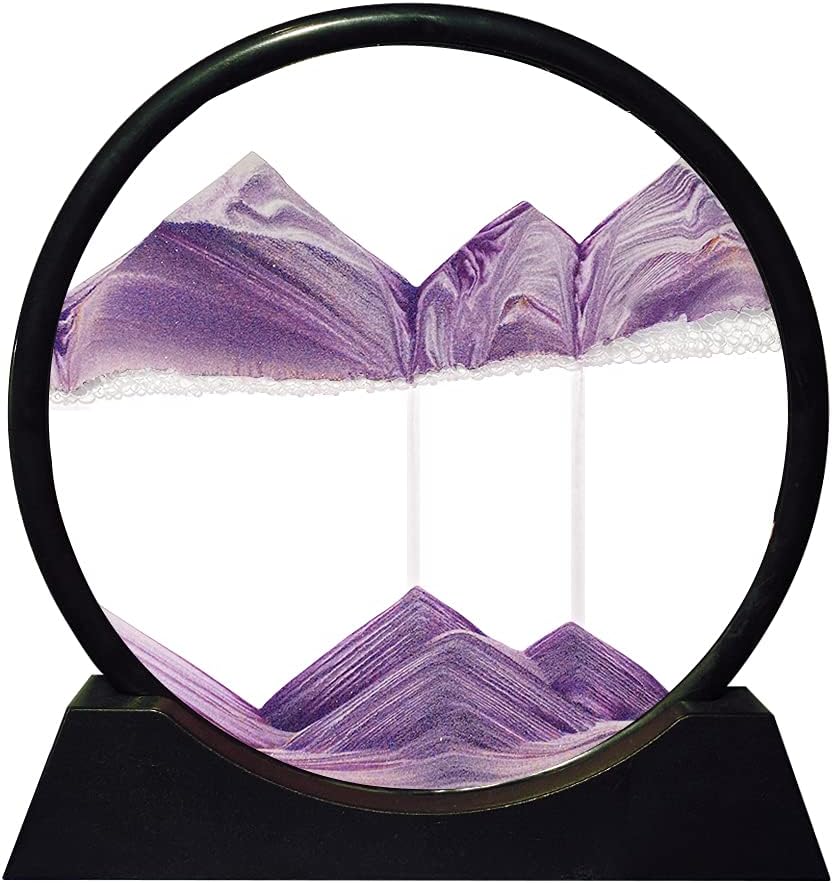 Aoderun Moving Sand Art Picture Round Glass 3D Deep Sea Sandscape in Motion Display Flowing Sand Frame Relaxing Desktop Home Office Work Decor (12", Purple)
