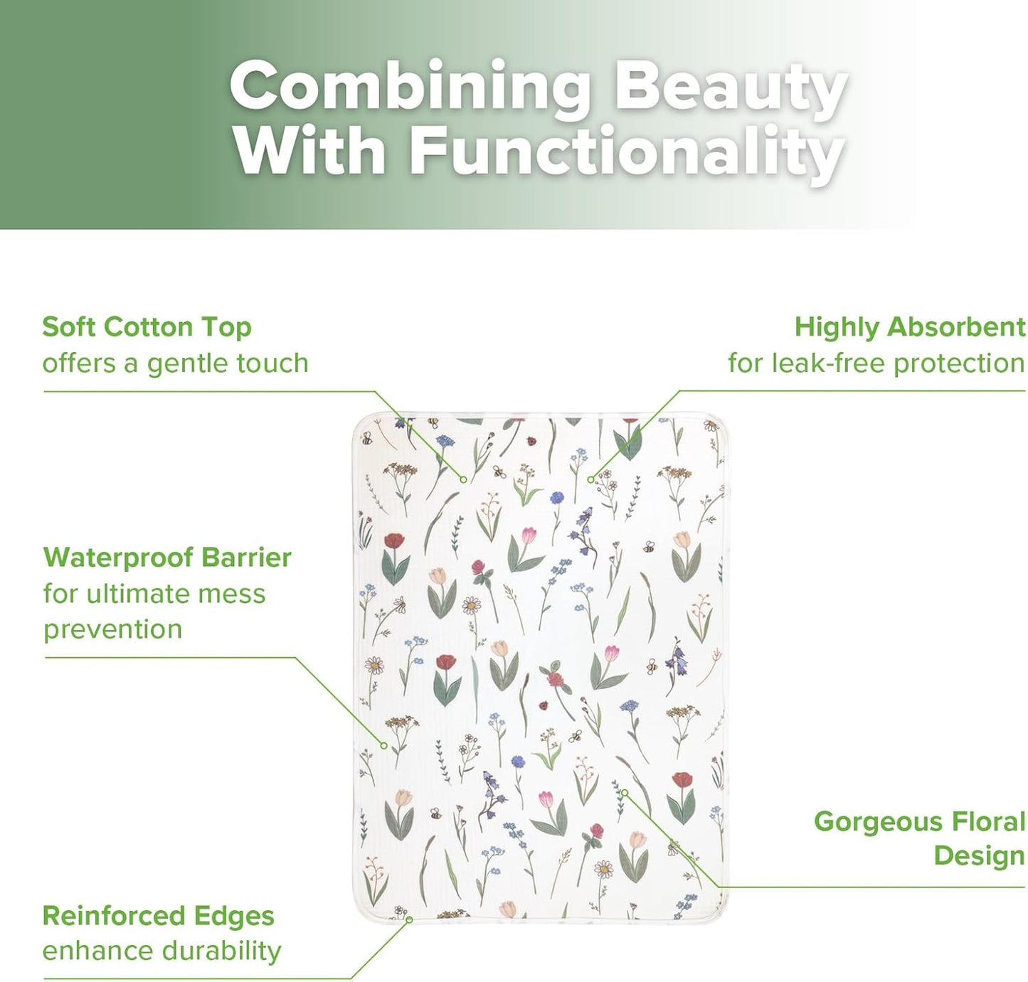 haakaa Waterproof Changing Pad Liners, 100% Cotton, Soft & Breathable (1pc, 19.5" x 27.5" Honey Blossom)