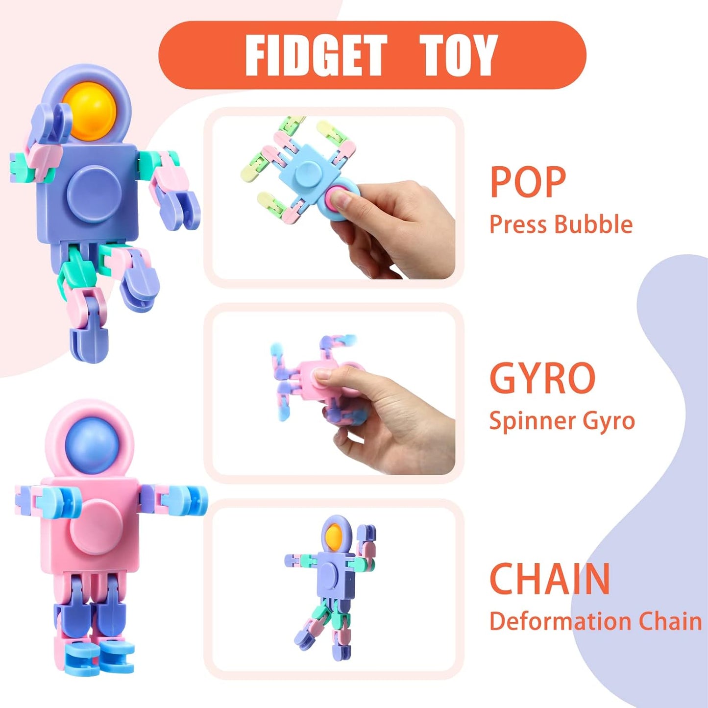 Hanaive 24 Pcs Robot Fidget Spinners Transformable Fingertip Gyro Chain Toy Fidget Sensory Toys Deformable DIY Stress Relief Fidget Toy Adults Pinata Goodie Bag Birthday School Gift