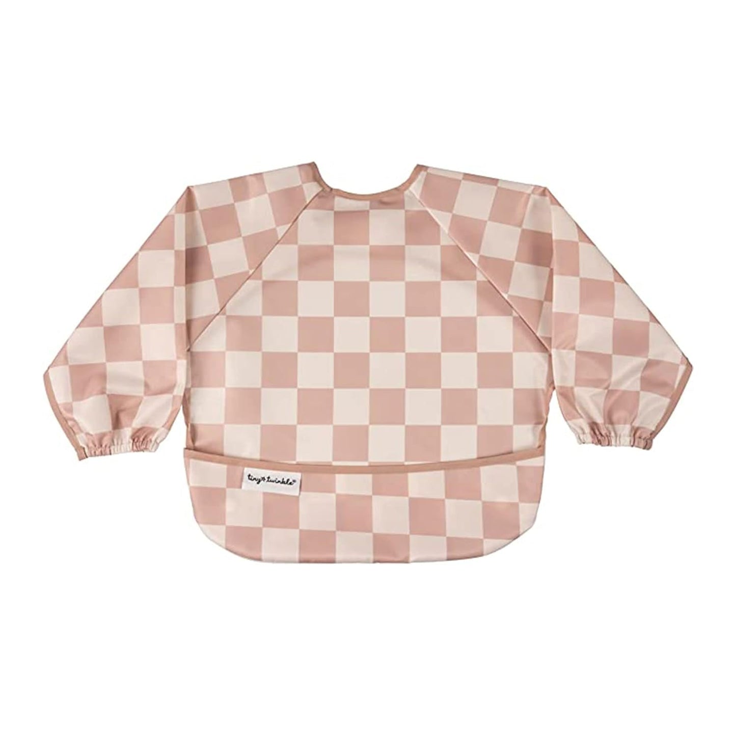 Tiny Twinkle Mess Proof Baby Bib,Waterproof Smock Baby Bib for Eating,Machine Washable Long Sleeve Bib,Baby Led Weaning,Toddler Bib,BLW Supplies(Checkers Brown, Small 6-24 Months)