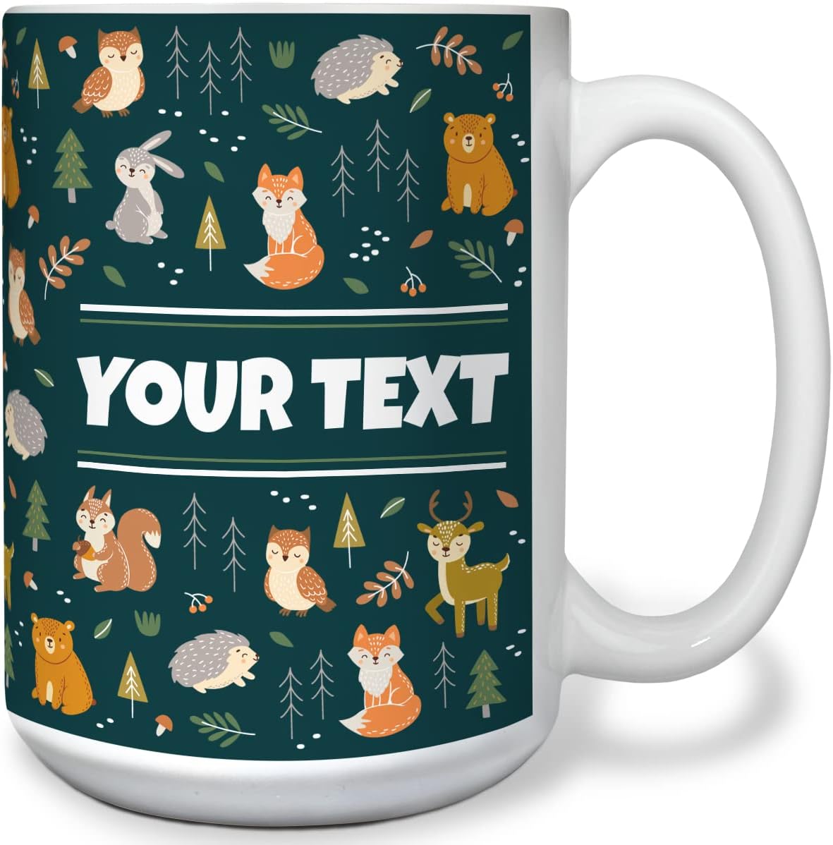 Personalized Mug for Kids - Woodland Animals - Custom Name/Text, Ceramic Hot Chocolate/Cocoa/Coffee Cup for Boys/Girls, Birthday/Christmas/Holiday Gift - 15 oz, White Handle