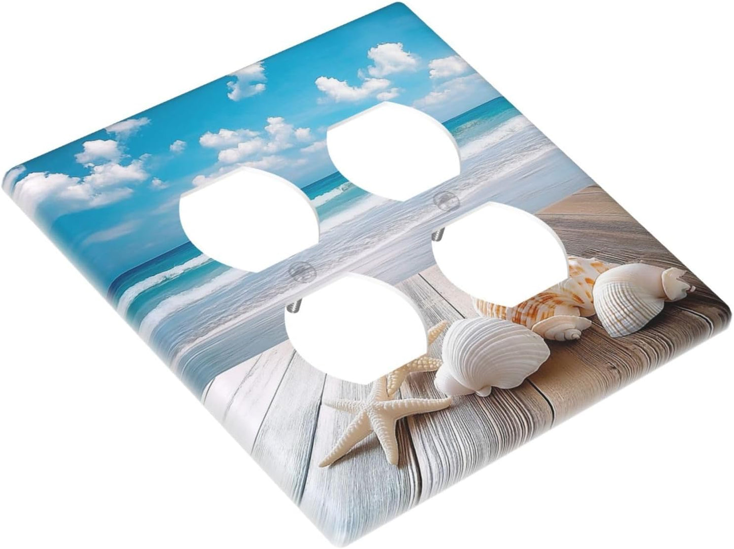 Outlet Covers Beach Waves Brown Wood Starfish Shells 2 Gang Double Duplex Decorative Light Switch Covers Electrical Wallplates Socket Faceplate For Bathroom Living Room Decor
