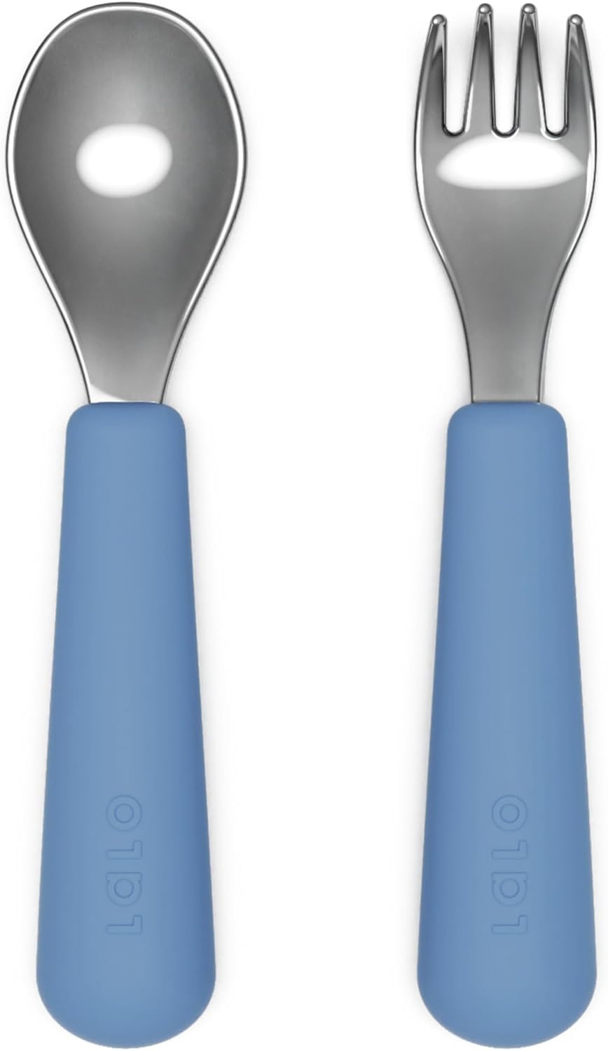 Lalo Utensils - Toddler Fork and Spoon Set - Stainless Steel and Silicone Ergonomic Toddler Utensils - Children Safe Flatware Set - 2 Pieces - Blueberry