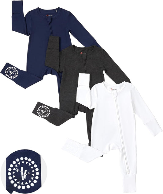 PATPAT Baby Footies Boys Girls - Bamboo Viscose - Zipper & Non-Slip Soles Romper Mitten - Footed & Footless Infant Clothes